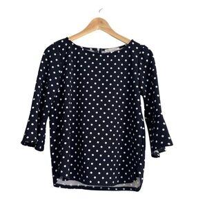 Green Envelope Navy Polka Dot Top Size Medium 3/4 Sleeve Ruffle Cuff Blouse
